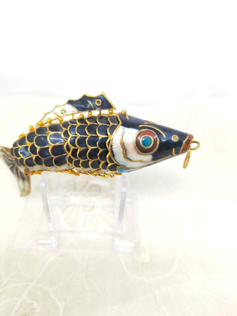 VTG Chinese Gilt Silver & Cloisonne Deep Blue Enamel Fish/Koi Pendant 4.5" LRG - Picture 2 of 11